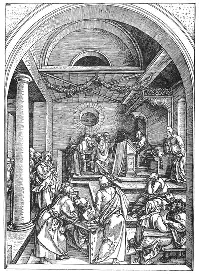 Albrecht Dürer: Life of the Virgin: 15. Christ among the Doctors in the Temple - woodcut