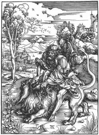 Albrecht Dürer: Samson Killing the Lion, woodcut